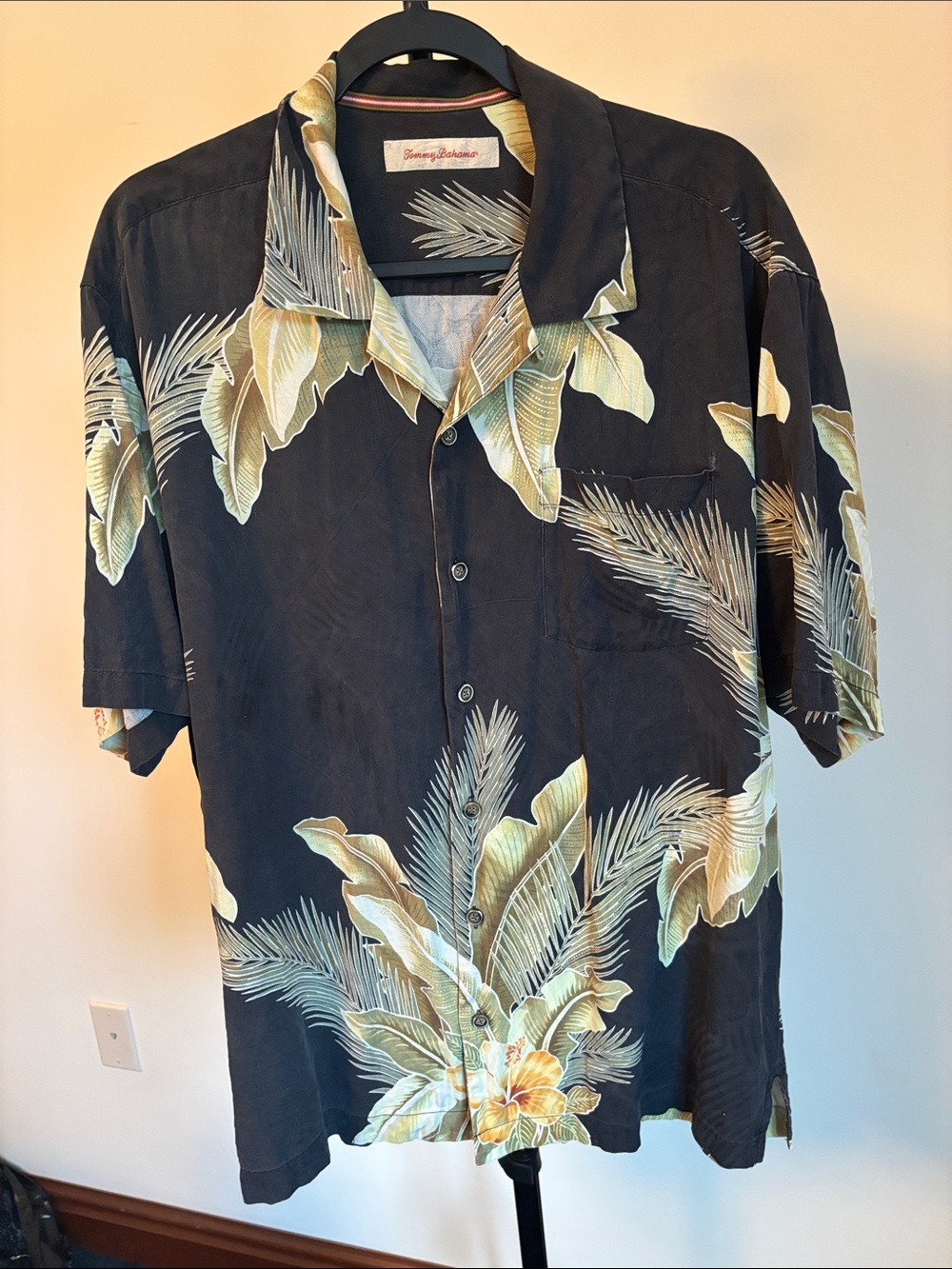 Tommy Bahama Black Button-Up Shirt with Green and Cream Tropical Print